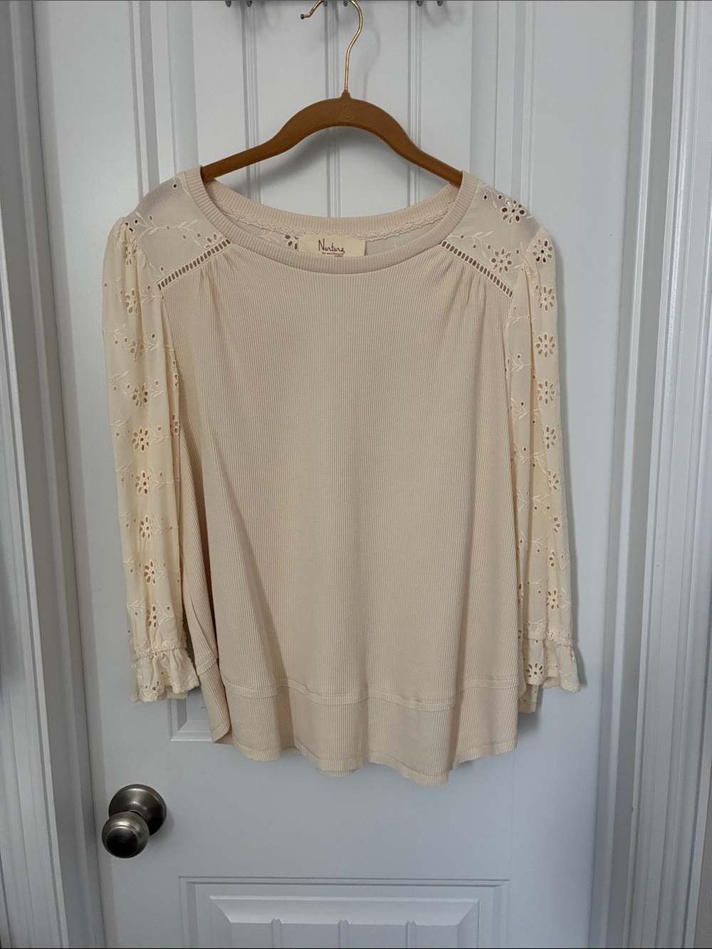 Cream Eyelet-Sleeve Ribbed Bodice Blouse